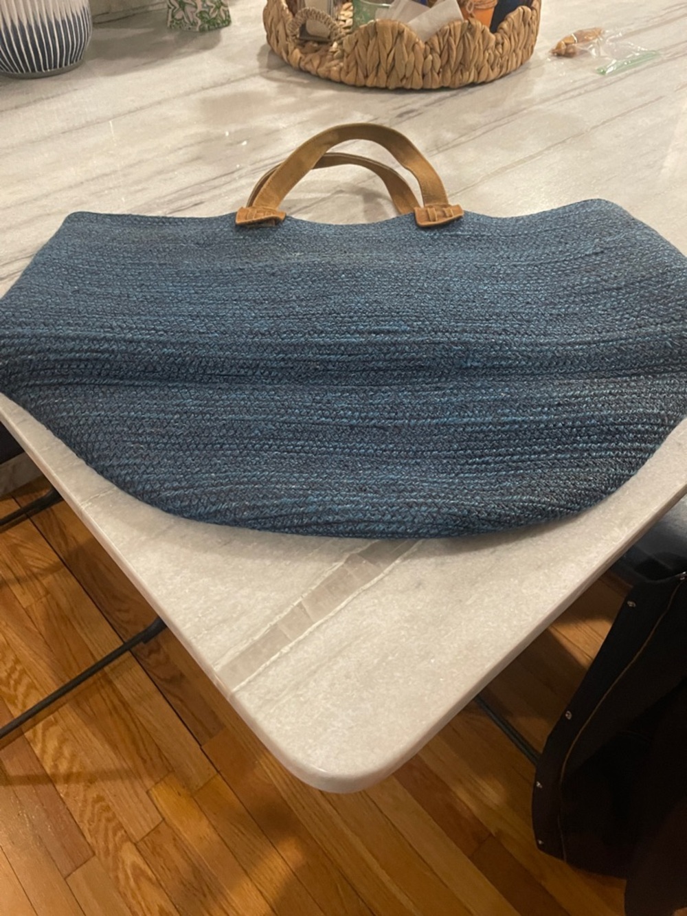 Woven Blue Tote Bag with Leather Handles